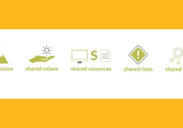 Graphics indicating the process of shared vision, shared values, shared resources, shared risks, shared rewards